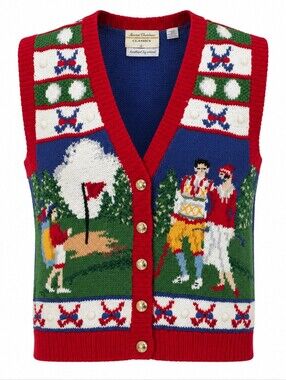 Vintage Marisa Christina Classics Colorful Hand Knitted Golf-Themed Sweater Vest